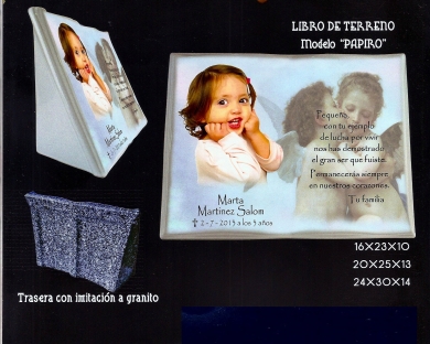 LIBRO PARA PANTEÓN DE CERÁMICA MODELO PAPIRO TERRENO CON PIE TRASERO
