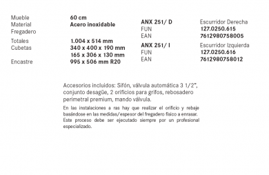 FREGADERO ATON ANX 251 ACERO INOX