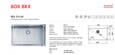  FREGADERO BXX 210 - 68   ACERO INOX  ENCASTRE/A RAS / BAJO ENCIMERA FRANKE NUEVO