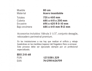  FREGADERO BXX 210 - 68   ACERO INOX  ENCASTRE/A RAS / BAJO ENCIMERA FRANKE NUEVO