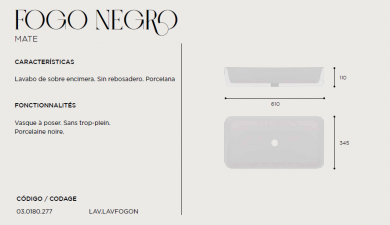 LAVABO DE CERÁMICA SOBRE ENCIMERA FOGO NEGRO MATE PORCELANA ARTANDBATH.
