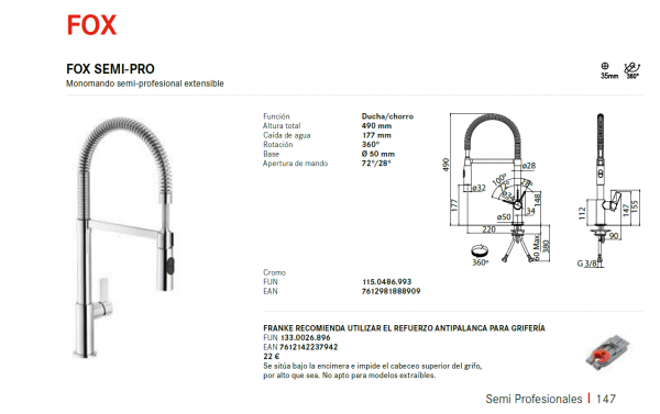 Grifo de cocina FRANKE MONOMANDO FOX SEMI-PRO. 115.0486.993. Cromo