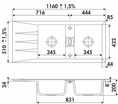 Fregadera cerámica doble cubeta y escurridor Luisina Prestige EV5092 - 116 x 51
