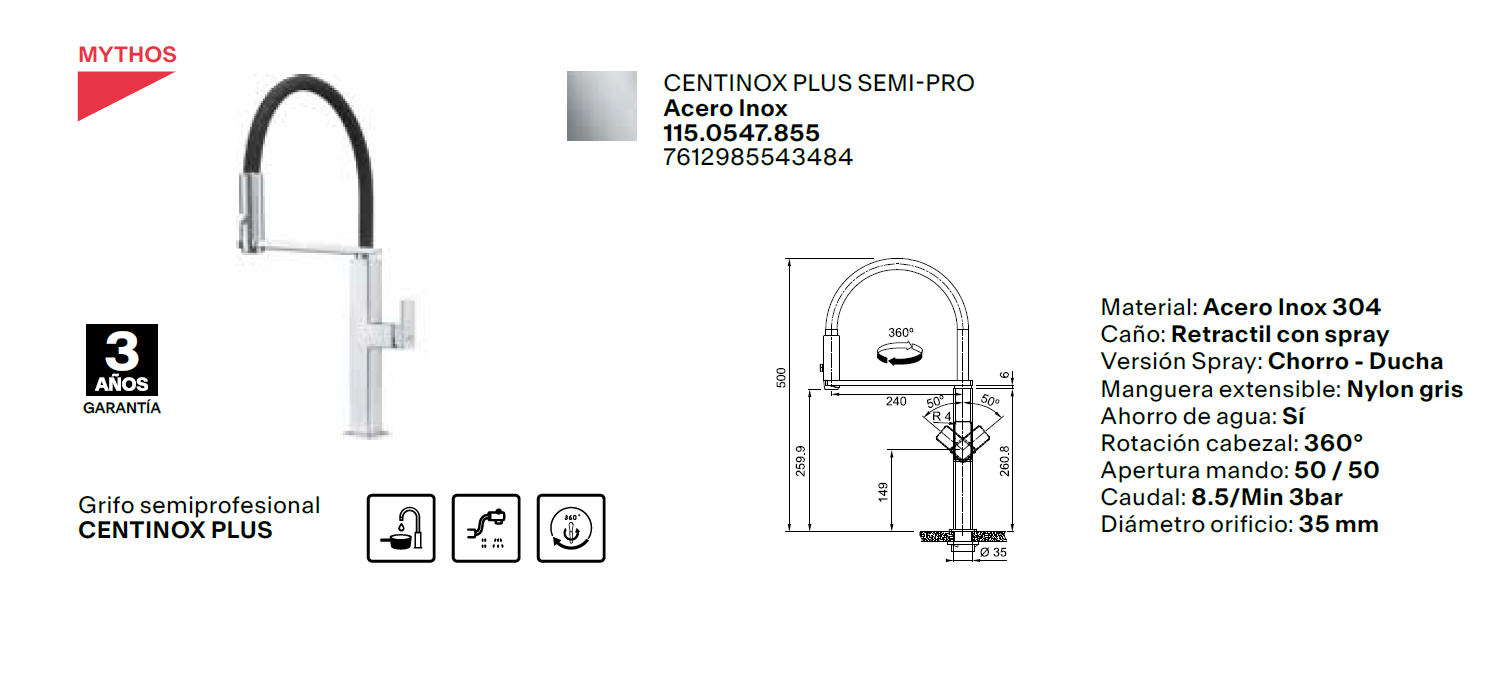 GRIFO DE COCINA CENTINOX SEMI- PRO CRISTAL NEGRO / ACERO INOX...