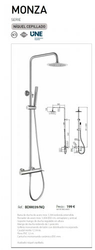 IMEX CONJUNTO MONOMANDO DUCHA MONZA NÍQUEL CEPILLADO -  BDM039/NQ
