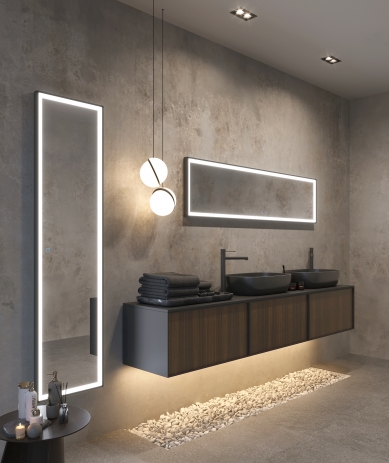 espejo Serie NEW YORK de LEDIMEX en formato rectangular y posición vertical, con iluminación LED frontal arenada que crea una luz uniforme y envolvente