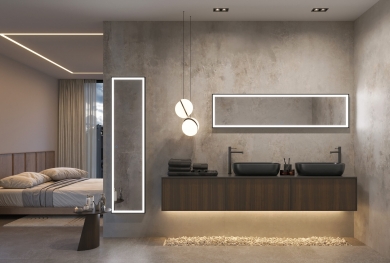 espejo Serie NEW YORK de LEDIMEX en formato rectangular y posición vertical, con iluminación LED frontal arenada que crea una luz uniforme y envolvente