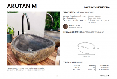 Lavabo de piedra de río

Lavabo Akutan sobre encimera

Lavabo de piedra sin rebosadero

Lavabo artesanal para baño

Lavabo Art & Bath piedra



Lavabo de piedra de río natural sobre encimera

Lavabo artesanal de piedra para baño moderno

Lavabo de piedra único hecho a mano

Lavabo sobre encimera de piedra natural en stock

Lavabo Akutan de piedra con entrega 5-8 días