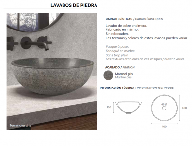 Lavabo sobre encimera Terranova Dark en piedra 40Ø×15 cm | Art & Bath