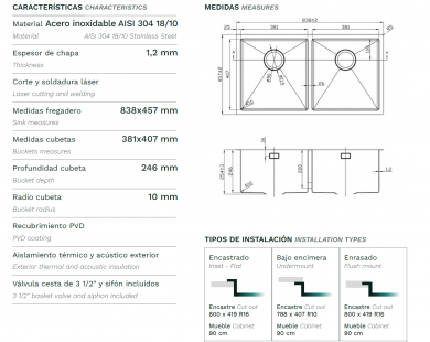 fregadero rectangular de dos senos en acero inoxidable