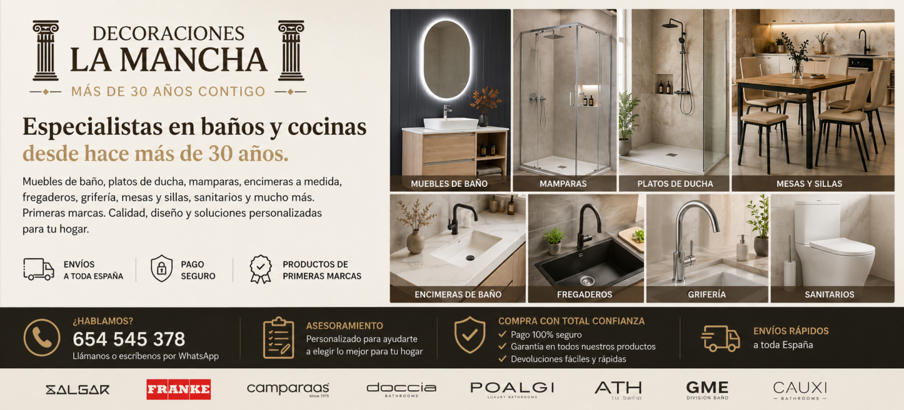 Marmoles Goama SL - Muebles de baño
Mamparas de baño
Platos de ducha
Encimeras de baño a medida
Fregaderos de cocina
Grifería
Mesas y sillas de cocina
Baños y cocinas
Decoraciones La Mancha